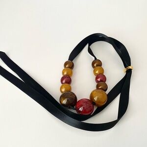 Multicolor Beaded Necklace with Black Satin Ribbon